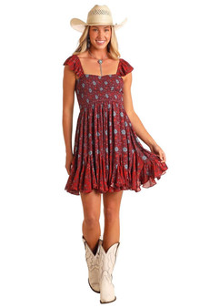 PANHANDLE SLIM Rock & Roll Denim Women's Burgundy Floral Godet Mini Dress 