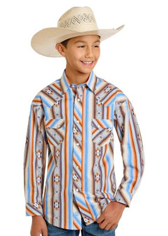 PANHANDLE SLIM Rock & Roll Denim Boy's Orange & Blue Aztec Snap Shirt 