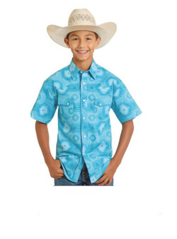 PANHANDLE SLIM Rock & Roll Denim Boy's Turquoise Aztec Print Short Sleeve Snap Shirt 