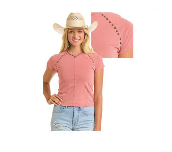 PANHANDLE SLIM Rock & Roll Denim Women's Rose/Mauve Studded Tee With Seams  PANHANDLE SLIM Rock & Roll Denim Women's Rose/Mauve Studded Tee With Seams