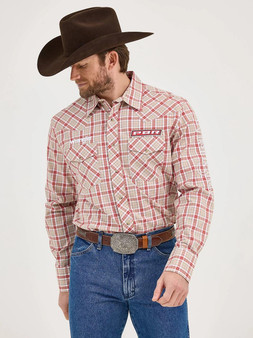 WRANGLER Wrangler Men's Beige Crimson PBR Logo Print Western Snap Shirt 
