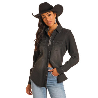 PANHANDLE SLIM Rock & Roll Denim Women's Black Denim Snap Shirt 