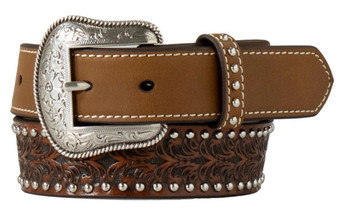 M & F Nocona M&F Western Boy's Brown Embossed Floral Studded Leather Belt 