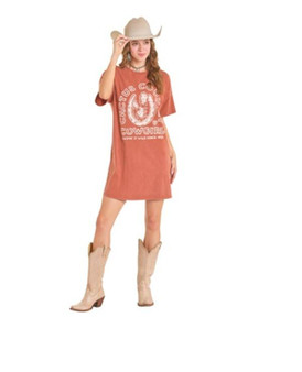 PANHANDLE SLIM Rock & Roll Denim Women's Rust Graphic T Shirt Dress 
