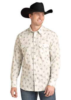 Rock & Roll Denim Men's Cream Floral Slim Fit Snap Shirt 