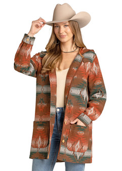 Rock & Roll Denim Women's Brown Aztec Jacquard Coat With Hood