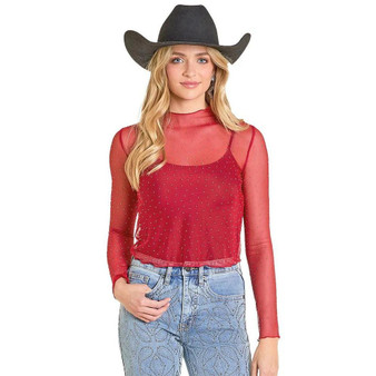 PANHANDLE SLIM Rock & Roll Denim Women's Scarlet Rhinestone Top 