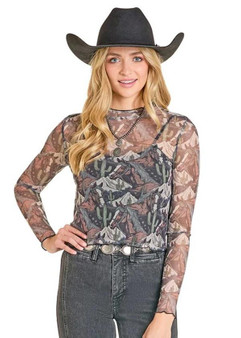 PANHANDLE SLIM Rock & Roll Denim Women's Black Mesh Print Top 