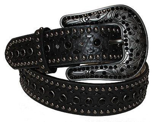 Nocona Women's Black Rhinestone Floral Tooled Leather Belt