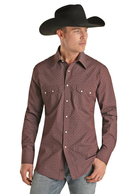ROCK & ROLL COWBOY Rock & Roll Denim Men's Burgundy Geometric Print Snap Shirt 
