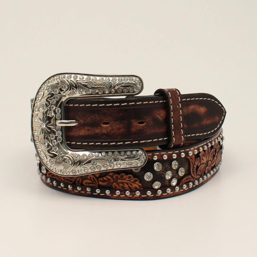 M & F Angle Ranch Women's Western Bling Tooled Overlay Belt With Buckle 