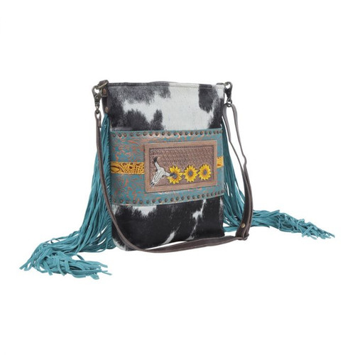 Cowhide fringe western turquoise crossbody