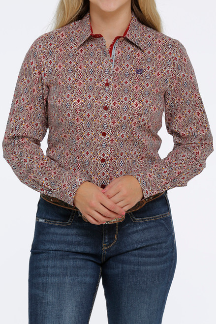 Cinch Women's Red Multi Print Long Sleeve Button Western Shirt