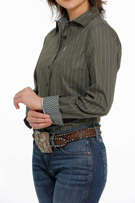 CINCH Cinch Women's Olive Green Dot Stripe Western Shirt 
