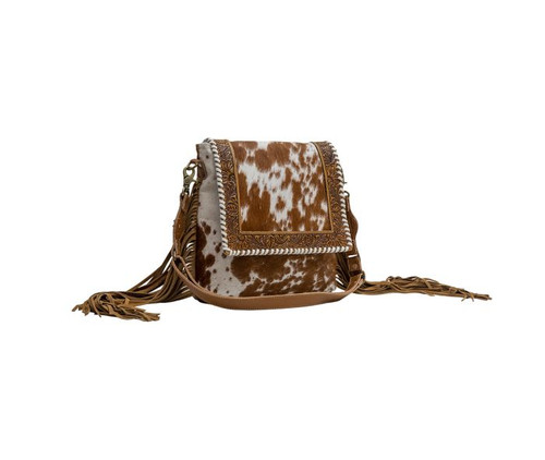 Myra  Cowhide Bucket Purse with Tooled Leather, Medium, Tan