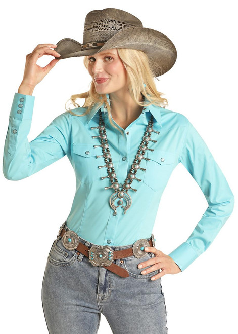 Panhandle Women's Solid Snap Western Shirt Turquoise Yellow