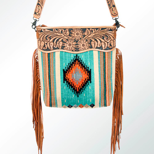 Western Leather Crossbody Bag With Leather Fringe Aztec 