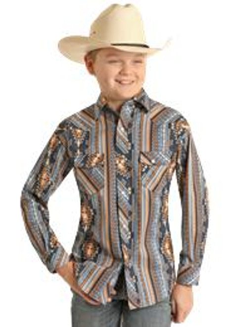 ROCK & ROLL COWBOY Rock & Roll Boy's Blue Aztec Short Sleeve Snap Western Shirt 