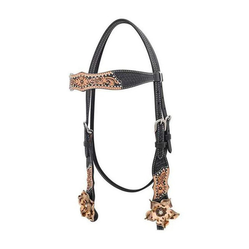CIRCLE Y OF YOAKUM Circle Y Of Yoakum Black & Natural Floral Basket Stamp Browband Headstall 