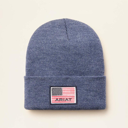 ARIAT Ariat Men's Denim Heather Rebar American Flag Patch Beanie 