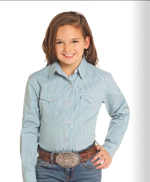 PANHANDLE SLIM Rock & Roll Denim Panhandle Slim Girl's Turquoise Stripe Stretch Snap Shirt 