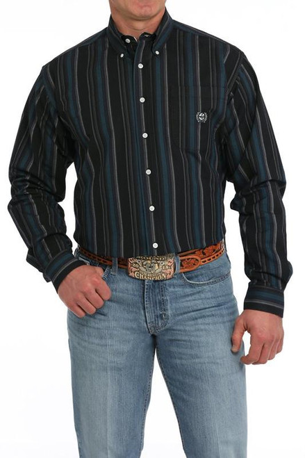 CINCH Cinch Men's Black Vintage Striped Print Button Down Western Shirt 