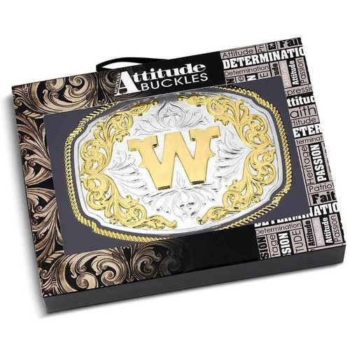 Silver Tone Rhinestone Letter‎ W Initial Belt Buckle Fashion Accessory Initial W Silver Engraved Gold Trim Western Belt Buckle  main image 3