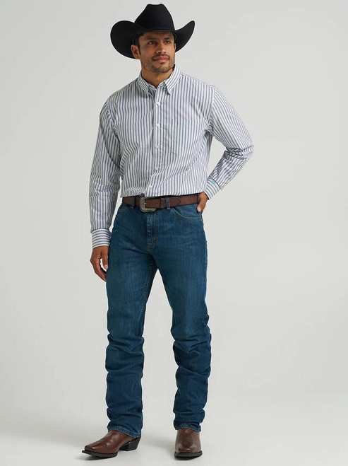 Wrangler Men's Blue Shadow Stripe Cody Johnson Button Down Shirt