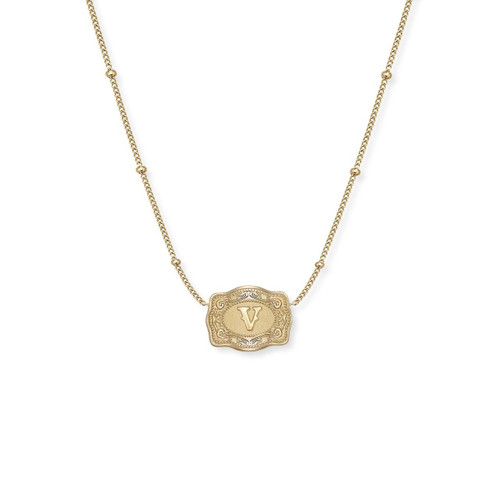 SPUR WEST SpurWest Gold Ultra Mini Belt Buckle Initial "V" Necklace 