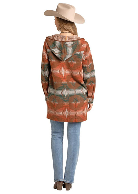 PANHANDLE SLIM Rock & Roll Denim Women's Brown Aztec Jacquard Coat With Hood 
