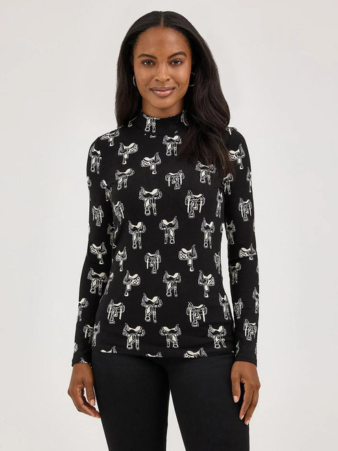 WRANGLER Wrangler Women's Black Western Print Mock Neck Shirt 