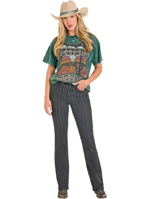 PANHANDLE SLIM Rock & Roll Denim Women's Teal Western Graphic Oversized T Shirt 