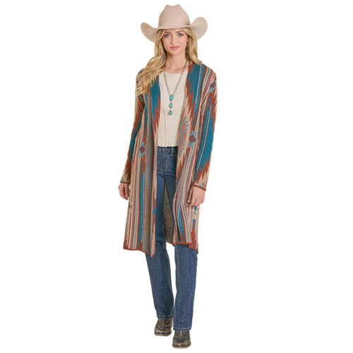 PANHANDLE SLIM Rock & Roll Denim Women's Teal Blue Aztec Knit Duster 