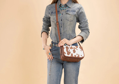Montana West Wrangler Women's Brown Cow Print Crossbody