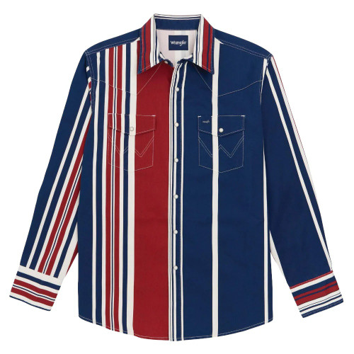 Wrangler Vintage Inspired Multi Stripe Snap Shirt For Men In Red & Blue