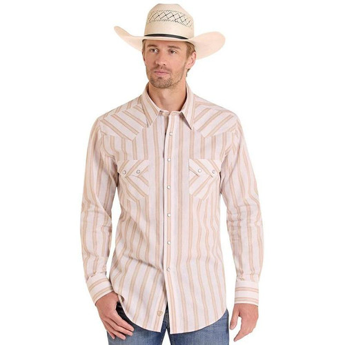 ROCK & ROLL COWBOY Rock & Roll Denim Tan Linen Stripe Men's Shirt 