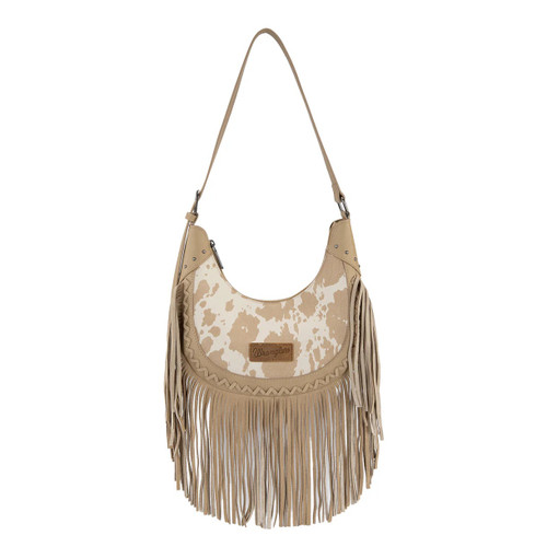 Montana West Wrangler Women's Cow Print Fringe Shoulder Hobo Bag - Tan