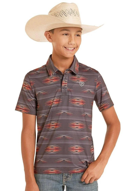 ROCK & ROLL COWBOY Rock & Roll Denim Boy's Charcoal Aztec Print Polo 