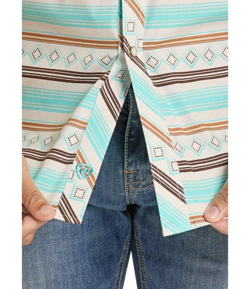 Rock Roll Denim Men's Striped Western Snap Shirt Teal Short Sleeve