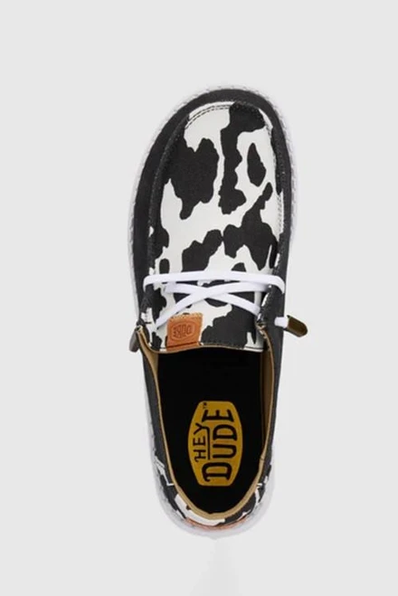 HEY DUDE Hey Dude Women's Black Cow Print Wendy Animal Shoe  