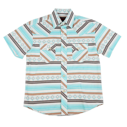 ROCK & ROLL COWBOY Rock & Roll Denim Boy's Teal Stripe Pearl Snap Shirt 