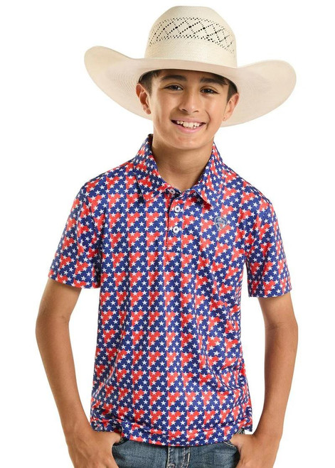 ROCK & ROLL COWBOY Rock & Roll Denim Blue Americano Printed Polo For Boy's 