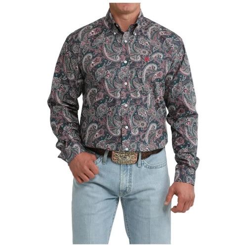 CINCH Cinch Men's Teal Paisley Long Sleeve Button Down Western Shirt  
