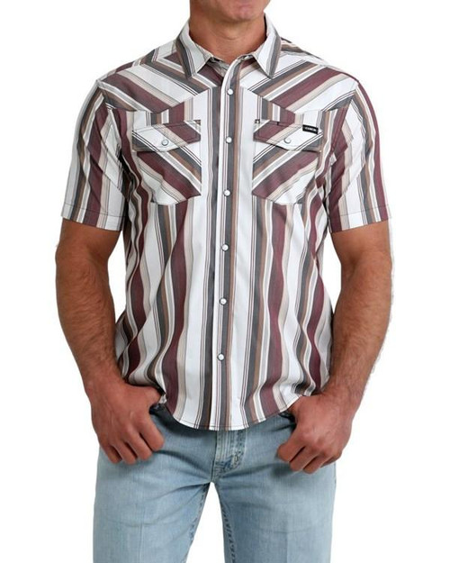 CINCH Cinch Men's Brown & Black Stripe Short Sleeve Shirt - White 