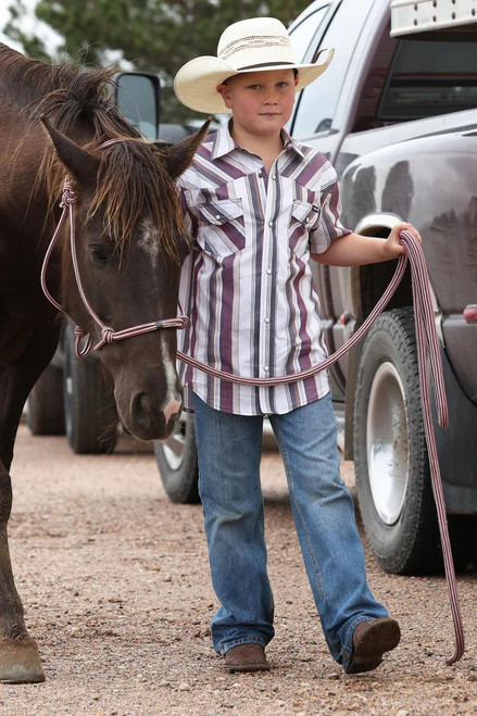 CINCH Cinch Boy's Brown & Black Stripe Short Sleeve Shirt In White 