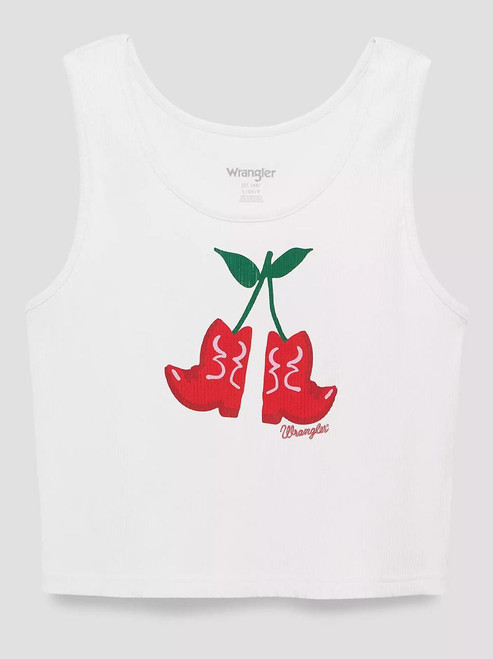 WRANGLER Wrangler Women's Bright White Cherry Boots Graphic Ribbed Tank 