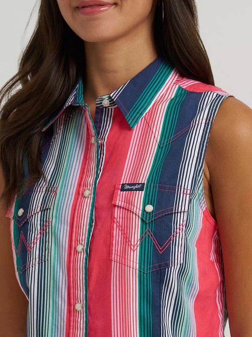 Wrangler Retro Brushpopper Pink Stripe Slim Crop Snap Tank Top