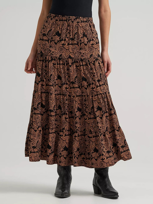 Women's Wrangler Black Printed Tiered Maxi Skirt