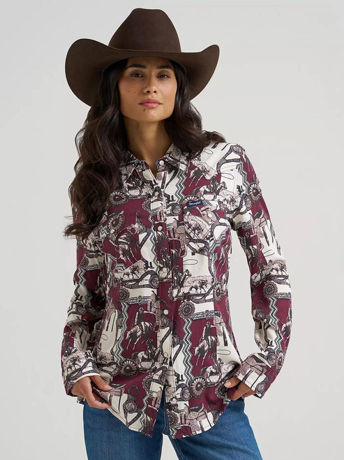 WRANGLER Women's Wrangler Bold Bucking Cowboy Sierra Snap Shirt - Burgundy 