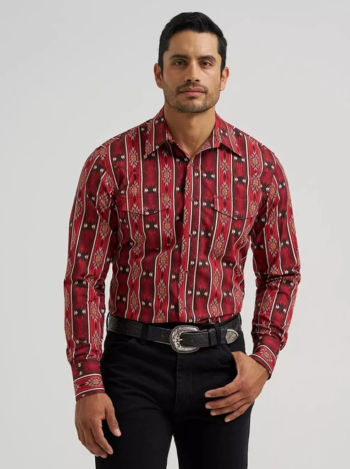 WRANGLER Wrangler Men's Checotah Long Sleeve Western Snap Printed Shirt -  Oxide Red 